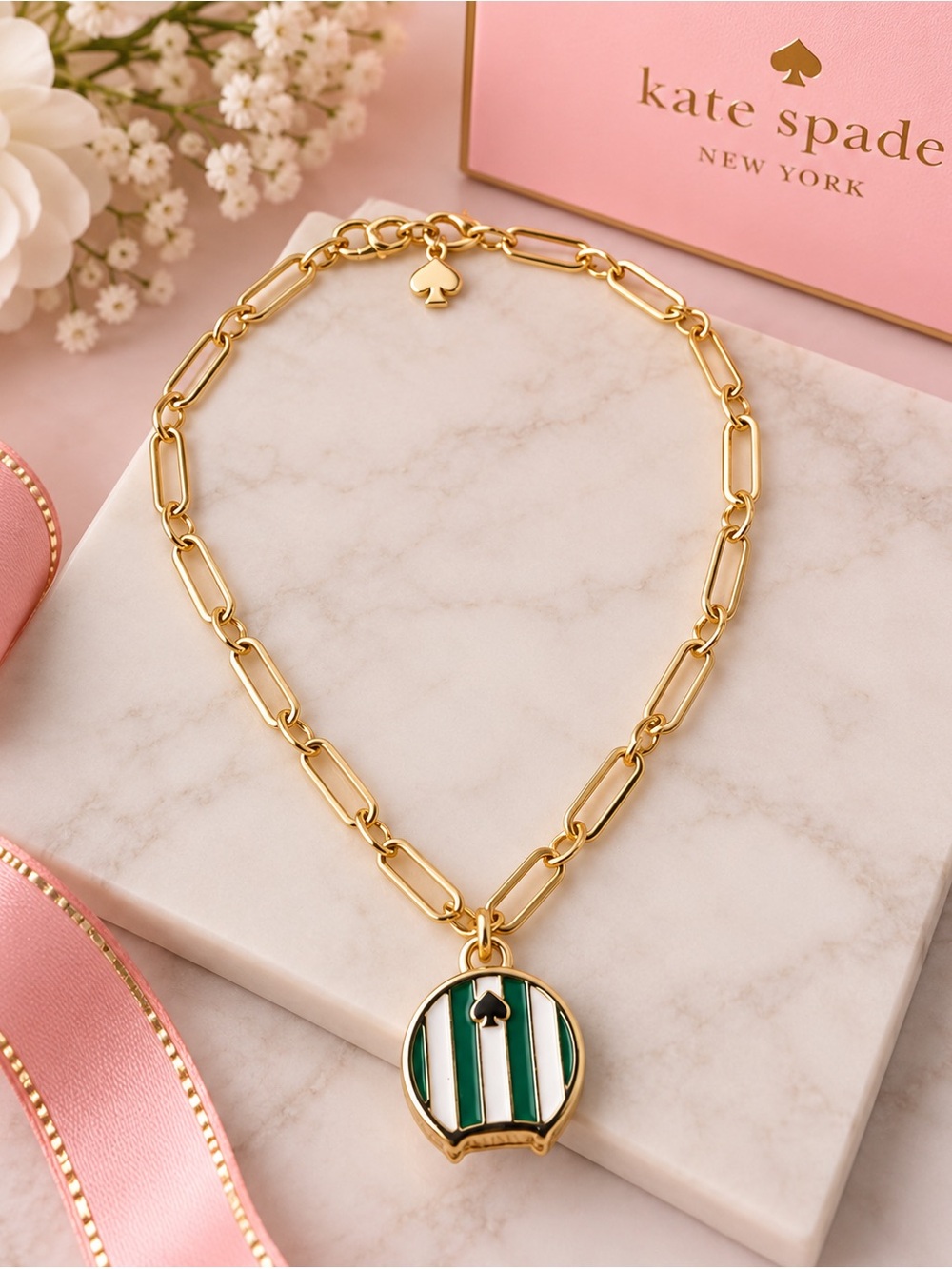 kate spade Gold Link Necklace with Green and White Striped luggage Enamel Pendan